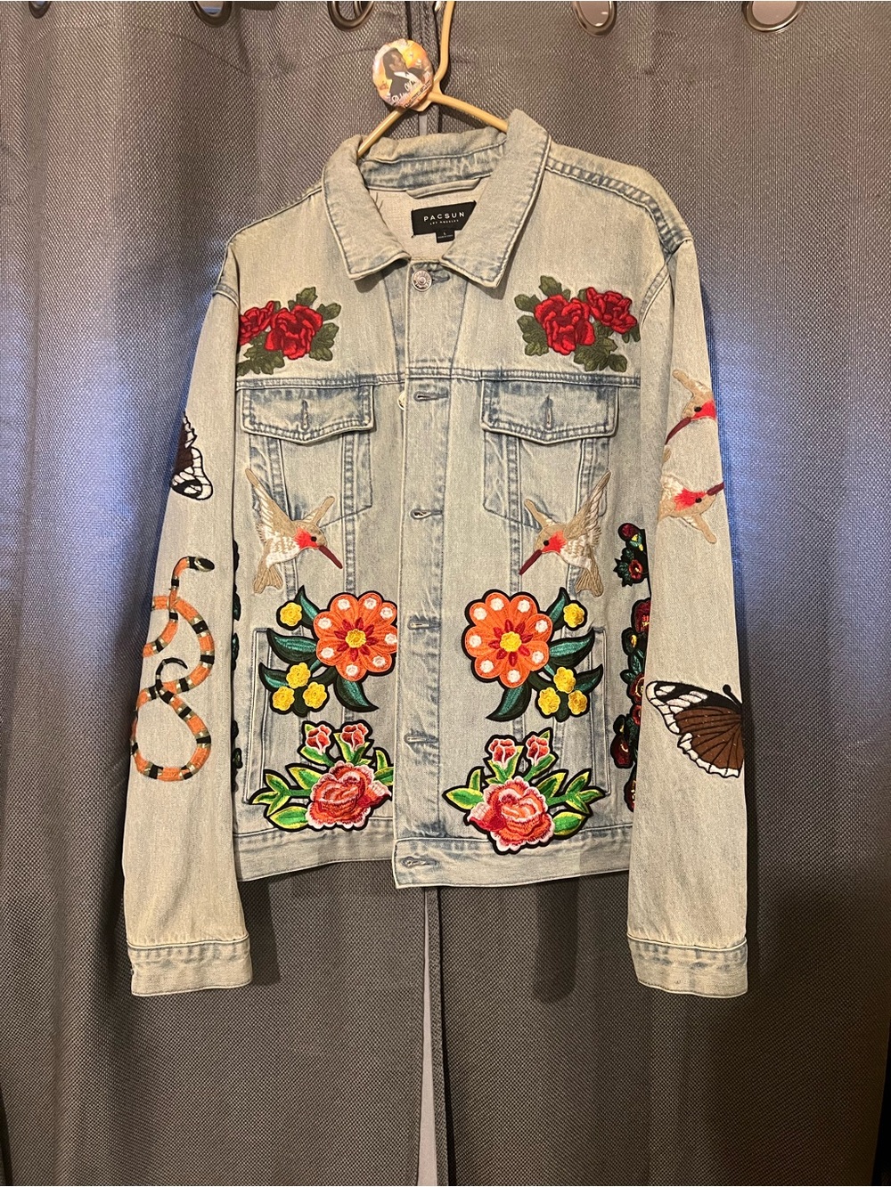 Light Blue Embroidered Floral & Animal Denim Jacket customized